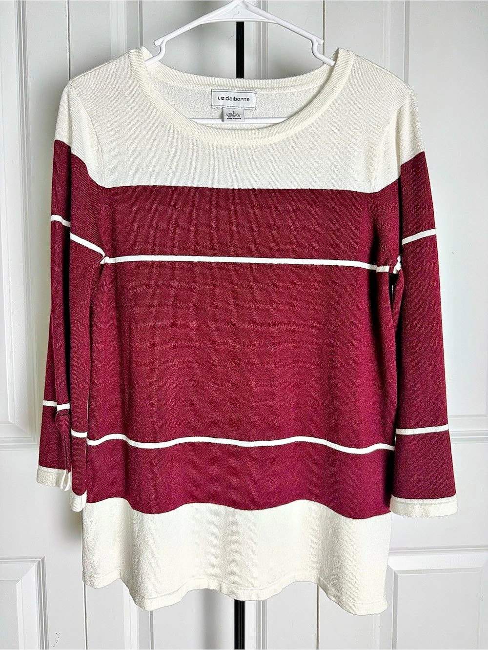 Liz Claiborne Burgundy White Striped 3/4 Bell Sleeve Sweater Small